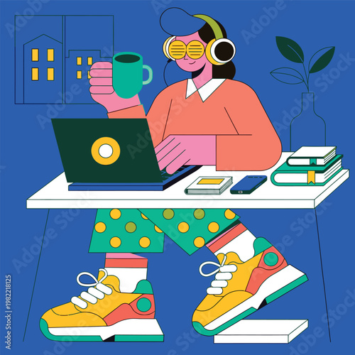 Remote worker, freelancer, woman with laptop, headphones, and coffee, modern home office setup