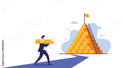 Businessman carries a heavy gold bar on his shoulder towards a pyramid of stacked gold bars representing wealth accumulation.