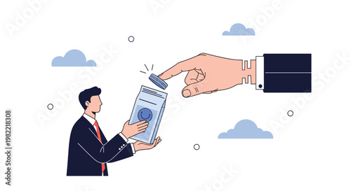 Small entrepreneur receiving a gold coin from a giant corporate hand into his collection bag symbolizing investment, funding, and support.