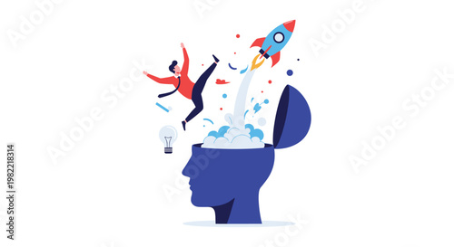 Creative man jumping with joy as a space rocket launches from an open giant head silhouette representing brainstorming, innovation, and startup ideas.