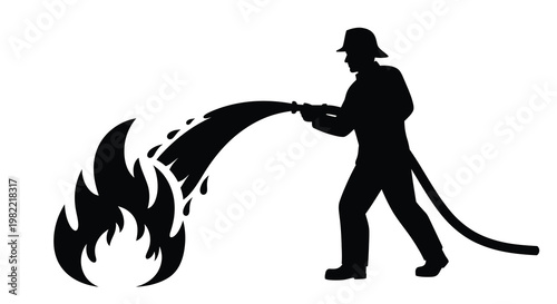 A firefighter directs a water hose towards intense flames in silhouette