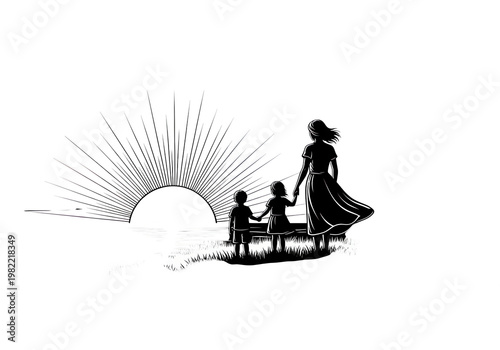 A woman and two children walking towards the sunset isolated on transparent background, PNG
