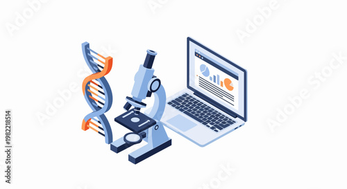 Isometric Biotechnology and Genetics Laboratory Concept with Microscope, DNA Double Helix, and Laptop with Data Analytics on White Background