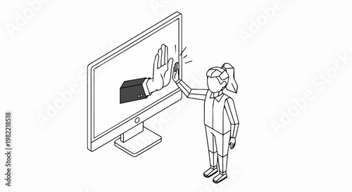 Digital Security and Boundary Concept: Isometric Illustration of a Woman Gesturing Stop to a Giant Hand Emerging from a Computer Monitor Screen