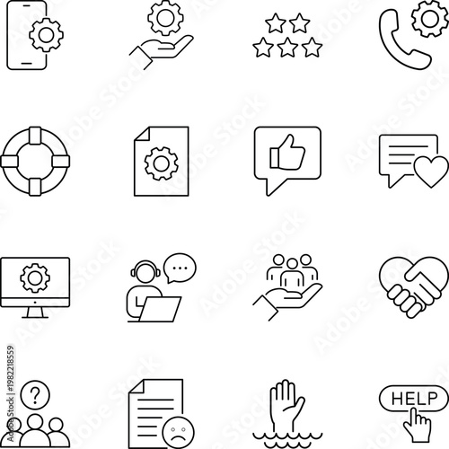 Customer service and support line icon set, settings, rating, feedback, support, handshake, help, lifebuoy