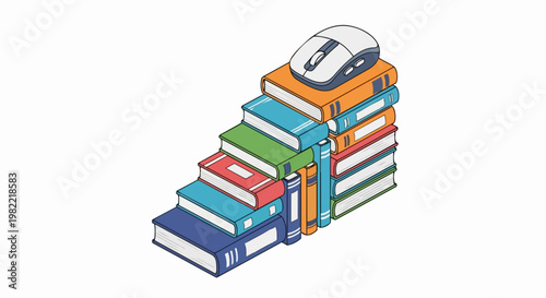 Isometric Illustration of a Computer Mouse on a Stack of Books Representing Digital Learning and E-education