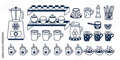 Stylized blue and white line drawing of various kitchenware items