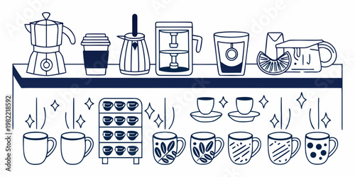 Line art illustration of coffee and tea making equipment with cups
