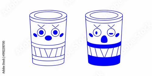 Two whimsical blue cylindrical objects with cartoon faces are displayed