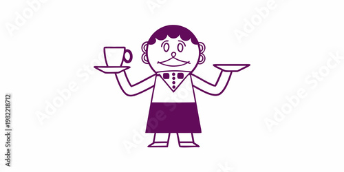 Cartoon illustration of a waiter holding a cup and empty plate