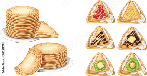 Pancake Stack and Toast Sandwich Collection with Sweet and Savory Toppings Breakfast Food Illustration Set for Cafe Menu and Bakery Design