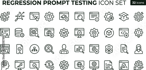 Regression prompt testing outline icon set with analytics validation monitoring workflow symbols for dashboards apps presentations web interface development systems