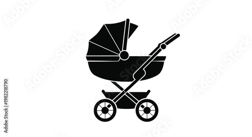 A black silhouette of a baby stroller with a sunshade
