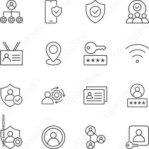 User account security and management vector icon set, shield, user, password, key, network, settings