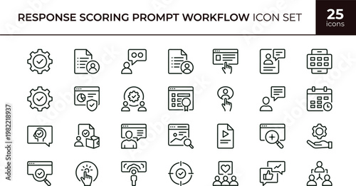 Response scoring prompt workflow outline icon set with evaluation analytics monitoring feedback symbols for dashboards apps presentations web interface development systems