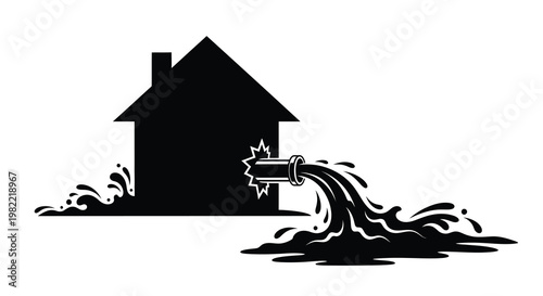 A simple black silhouette of a house with a burst pipe leaking water
