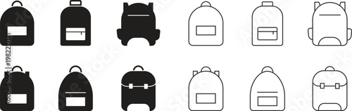 School bag icon set in flat and outline styles. Backpack collection featuring student schoolbags, Minimal silhouette designs for education, college, travel, kids accessories and modern lifestyle use.