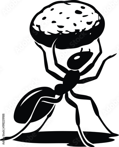 Ant lifting crumb silhouette vector illustration
