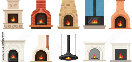 Set of indoor fireplaces with burning fire, classic and modern designs, home heating elements, cozy interior decoration vector illustration collection