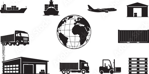 Logistics icons, transportation symbols, shipping signs, global delivery, cargo illustrations