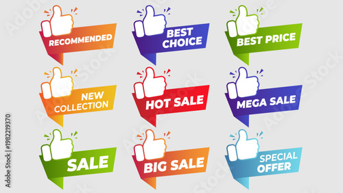 Collection of sale tags with thumbs up icons and text like recommended, best choice, best price, new collection, hot sale, mega sale, big sale, special offer, thumbs up promotion, discount thumbs