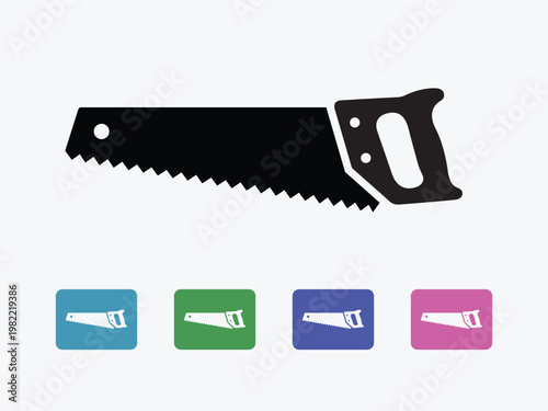 Woodworking hand saw icon set with flat and colorful button versions.
