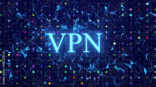 Abstract Digital Background Featuring A Glowing Blue VPN Text Centered Among Colorful Plus Signs And A Grid Pattern. Interconnected Plexus Lines And Floating Particles Represent Secure Data Encryption