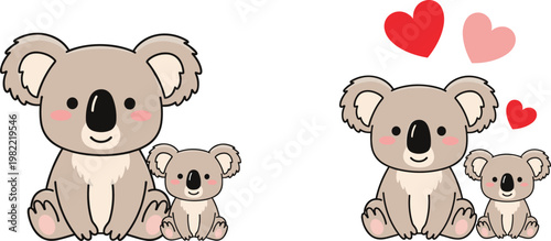 Cute Koala Bear Family Illustration Set with Baby Koalas and Heart Symbols Adorable Cartoon Animal Collection for Kids and Nursery Design