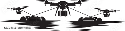 Drone, drone swarming, quadcopter, UAV, vector icon, black silhouette, modern technology