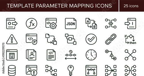 Template parameter mapping outline icon set with configuration workflow integration data transformation symbols for dashboards apps presentations web interface development systems