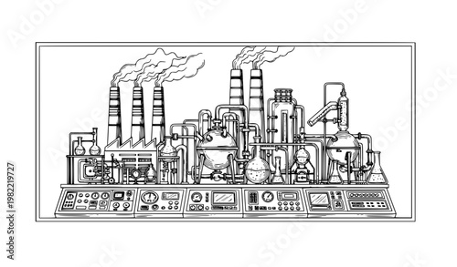 Industrial Chemical Lab Label Template with Factory Plant Elements Vector Illustration Monochrome