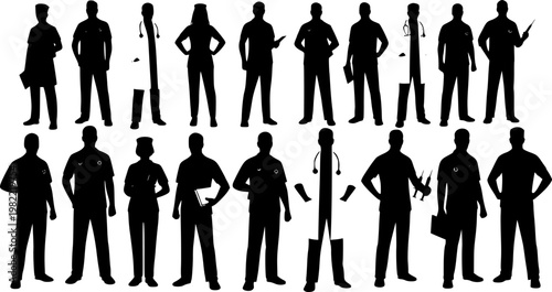 Medical Professionals Team Silhouette, Healthcare Heroes Group Portrait, Doctors and Nurses in Confident Pose, Hospital Staff Unity and Medical Care Vector