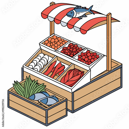 A cartoon illustration of a fish and produce market stand