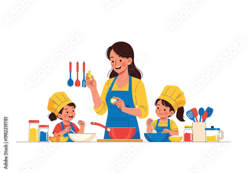 Mother and children cooking together in the kitchen.