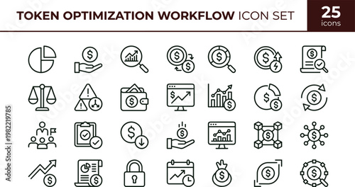 Token optimization workflow outline icon set with financial analytics monitoring investment performance symbols for dashboards apps presentations web interface development systems