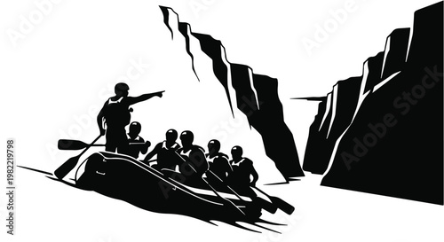 Rafting team navigates a boat through a narrow canyon in this high contrast silhouette illustration.