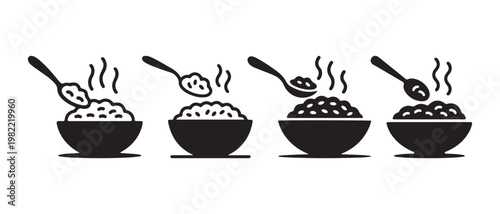 Hot steaming rice in bowls with spoons, set of four icons, flat design vector illustration.