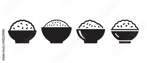 Bowls of rice, simple flat design icons, representing portions or types of rice, vector illustration.
