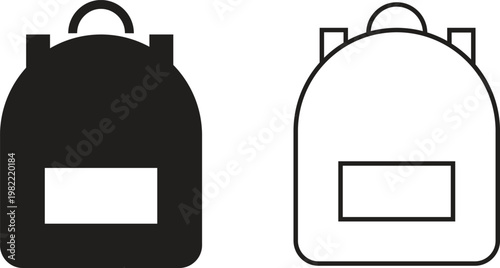 School bag icon set in flat and outline styles. Backpack collection featuring student schoolbags, Minimal silhouette designs for education, college, travel, kids accessories and modern lifestyle use.