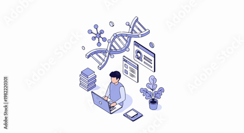 Isometric Illustration of a Scientist Researching DNA, Bioinformatics, and Genetic Engineering Data on a Laptop