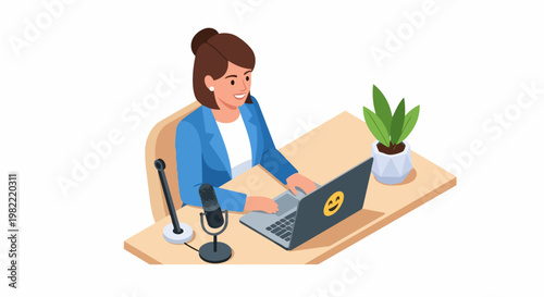 Isometric Vector Illustration of a Professional Woman Podcasting, Hosting a Webinar, or Creating Content at her Desk with a Laptop and Microphone