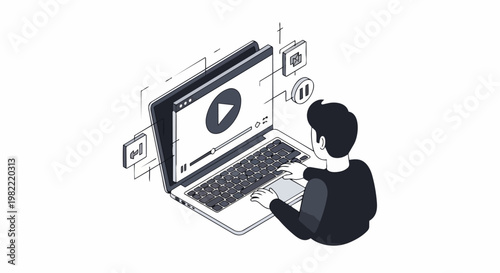 Isometric Vector Illustration of a Person Watching or Editing Online Video Content on a Laptop