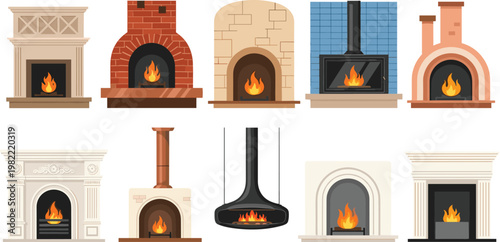 Set of indoor fireplaces with burning fire, classic and modern designs, home heating elements, cozy interior vector illustration collection