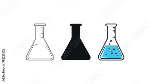 Flask icon set with black, white, and blue laboratory equipment illustrations