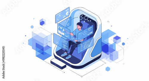 Isometric Illustration of a Scientist in a Futuristic Workstation with Holographic Screens for Data Analysis and Scientific Research