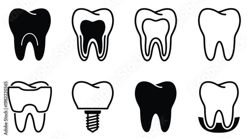 Tooth icons set with various dental illustrations and silhouettes