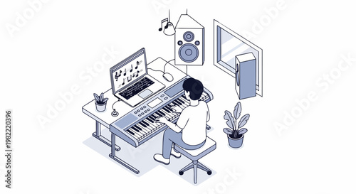 Isometric Line Art Illustration of a Male Musician Producing Digital Music in a Home Studio with MIDI Keyboard, Laptop, and Studio Monitors