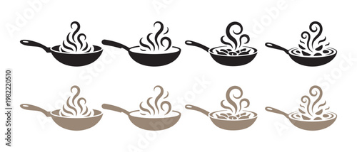 Set of Frying Pans with Steam and Food Icons, Black and Beige Flat Design Vector Illustration.