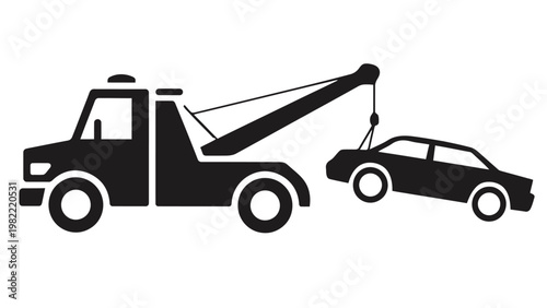 Tow truck towing car in simple black silhouette style