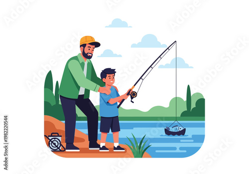 Father and Son Fishing Together Outdoors.